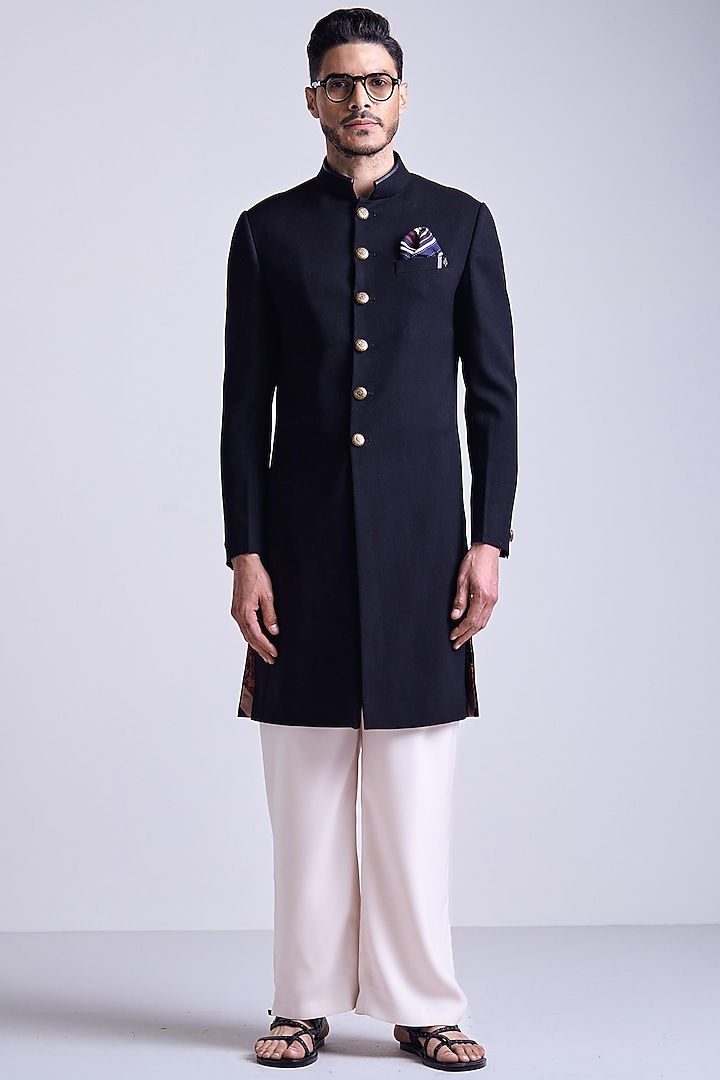 Black Poly Blend Viscose Lycra Wedding Sherwani by S&N by Shantnu Nikhil Men at Pernia's Pop Up Shop