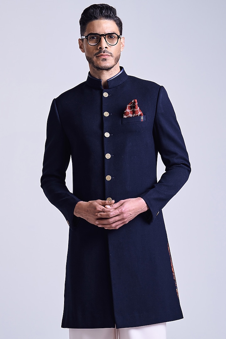 Navy Blue Poly Blend Viscose Lycra Sherwani by S&N by Shantnu Nikhil Men at Pernia's Pop Up Shop