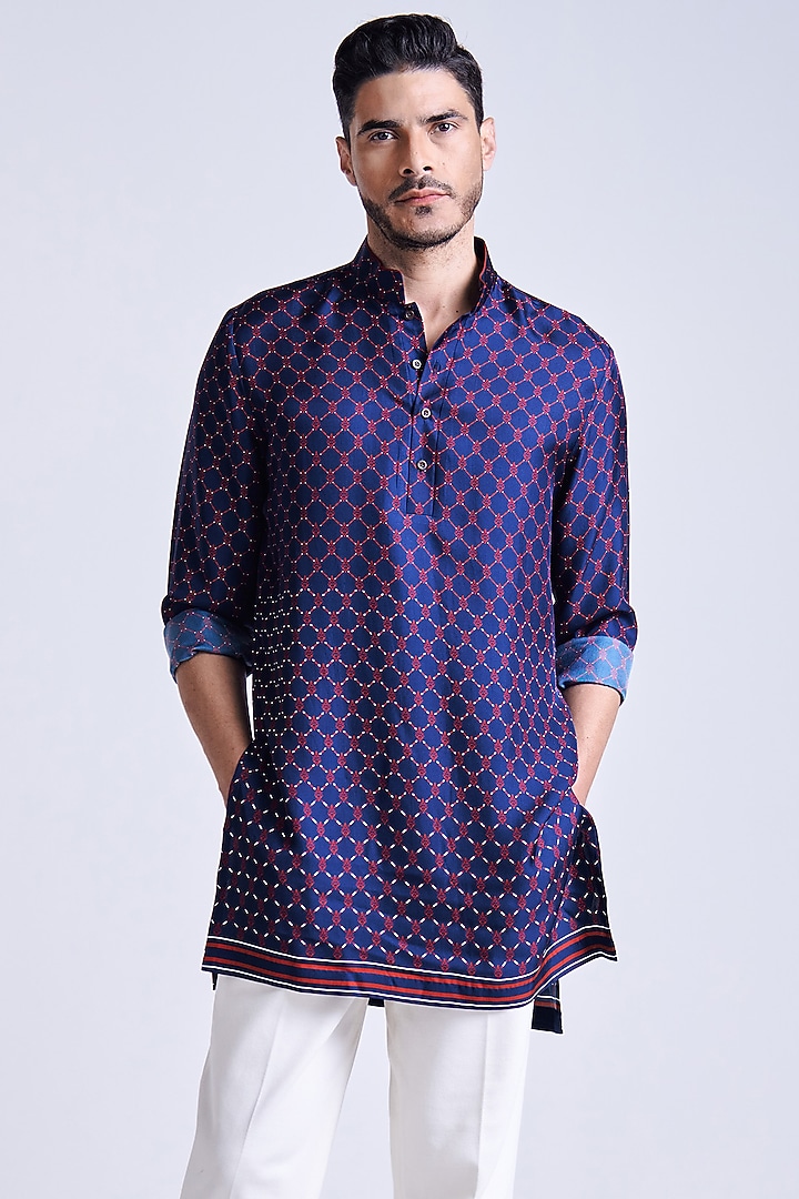 Navy Blue Silk Twill Adamas Lattice Printed Kurta by S&N by Shantnu Nikhil Men at Pernia's Pop Up Shop