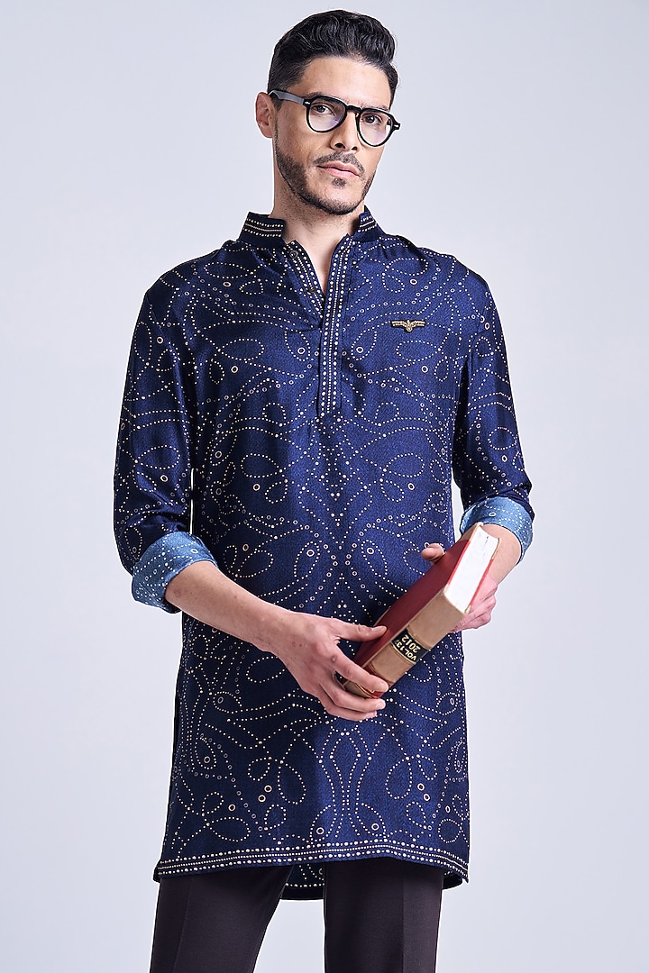 Navy Blue Silk Twill Rivet Printed Kurta by S&N by Shantnu Nikhil Men at Pernia's Pop Up Shop