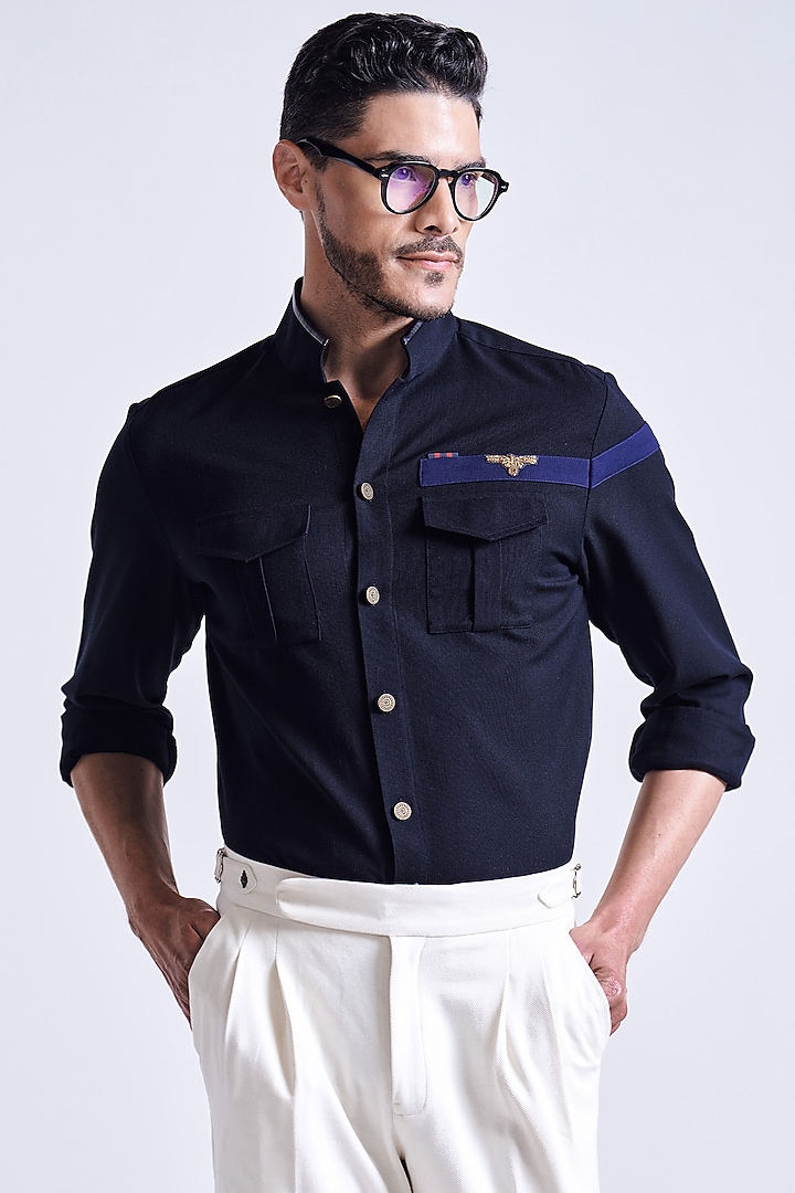 Black Poly Blend Viscose Wool Wedding Shirt by S&N by Shantnu Nikhil Men at Pernia's Pop Up Shop