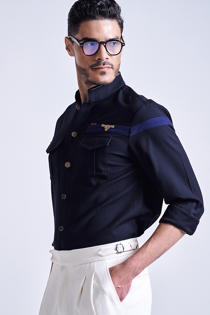 Black Poly Blend Viscose Wool Wedding Shirt by S&N by Shantnu Nikhil Men at Pernia's Pop Up Shop