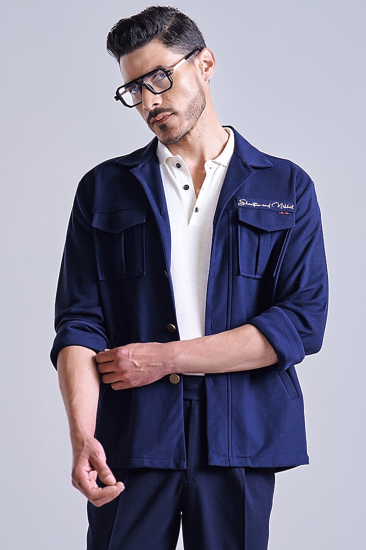 Navy Blue Cotton Spandex Blend Patch Pocket Wedding Shirt by S&N by Shantnu Nikhil Men at Pernia's Pop Up Shop