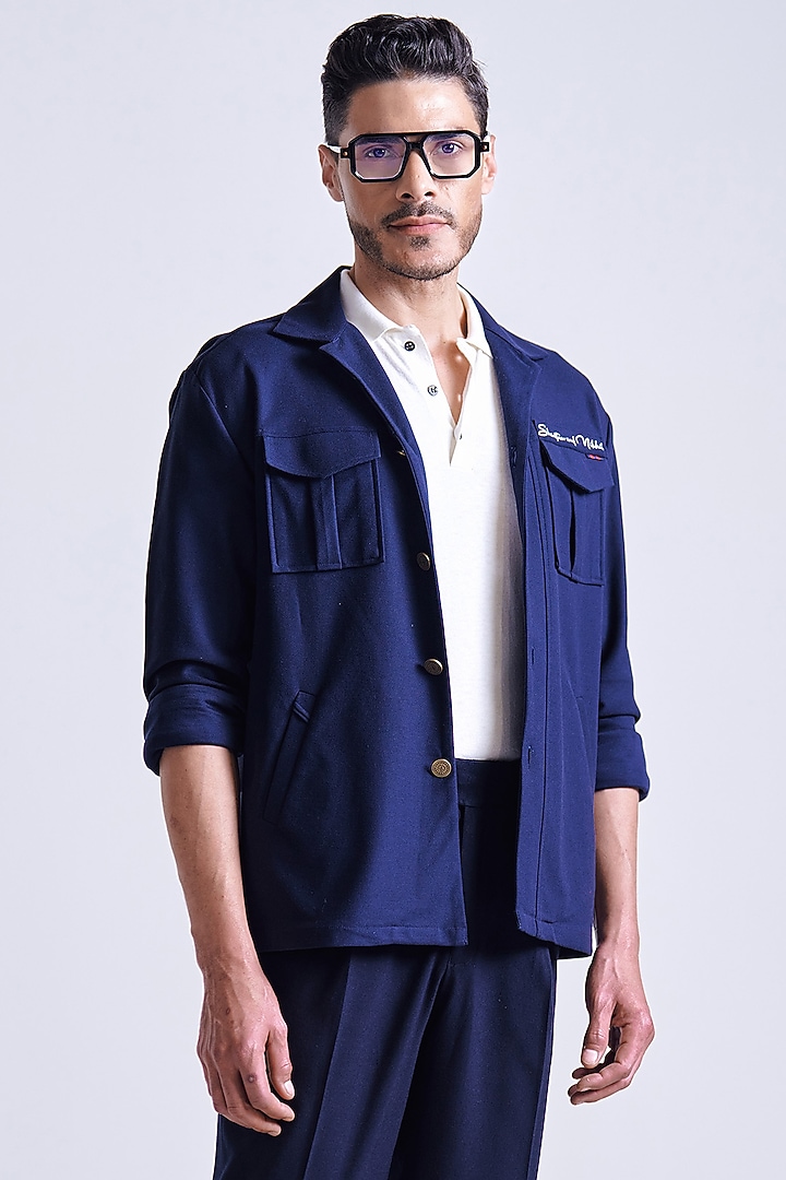 Navy Blue Cotton Spandex Blend Patch Pocket Wedding Shirt by S&N by Shantnu Nikhil Men at Pernia's Pop Up Shop