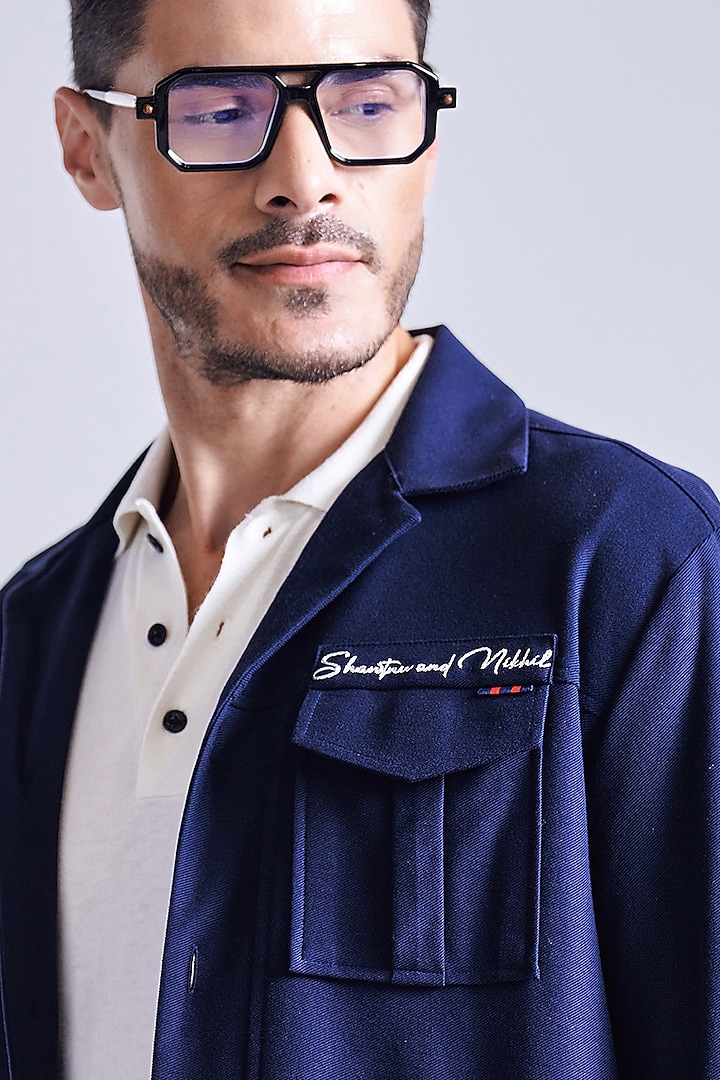 Navy Blue Cotton Spandex Blend Patch Pocket Wedding Shirt by S&N by Shantnu Nikhil Men at Pernia's Pop Up Shop