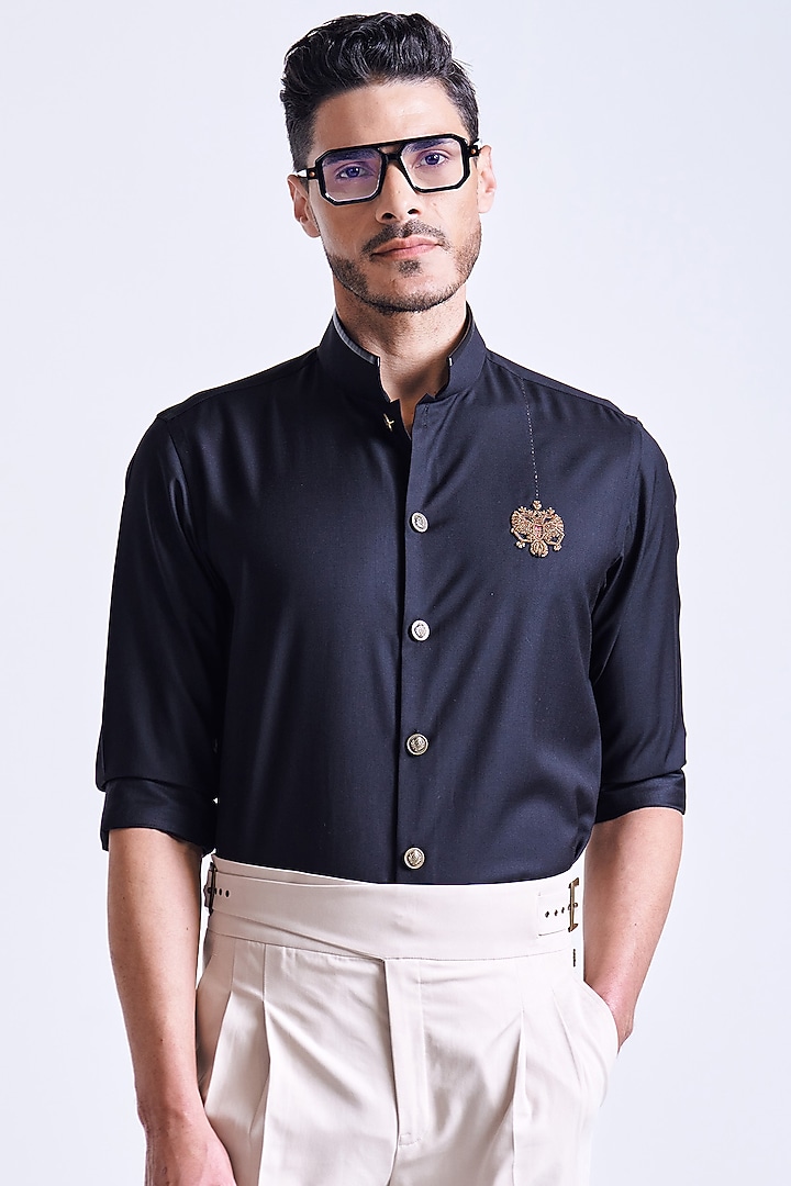 Black Rayon Blend Suiting Wedding Shirt by S&N by Shantnu Nikhil Men at Pernia's Pop Up Shop