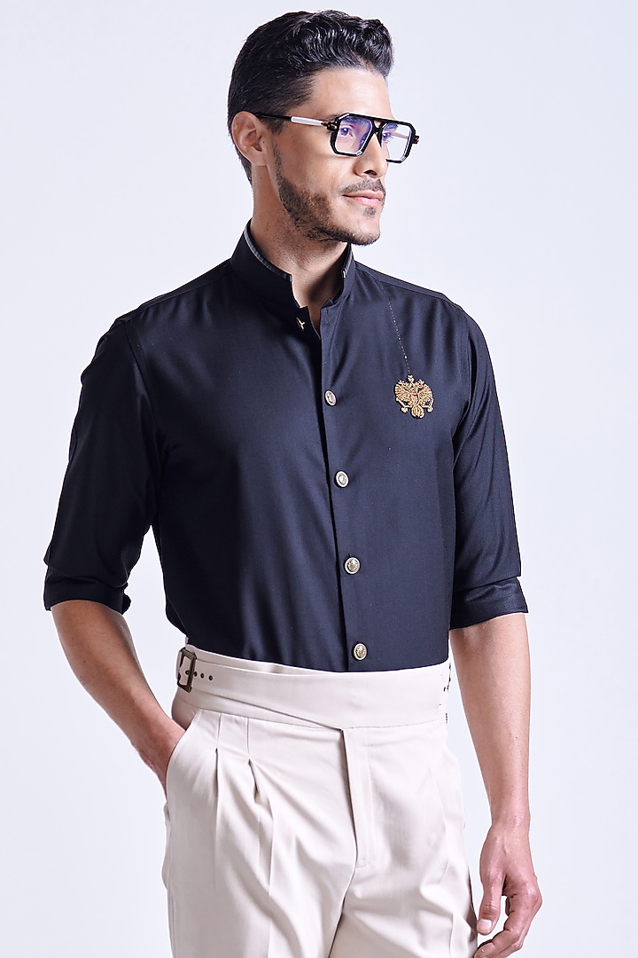 Black Rayon Blend Suiting Wedding Shirt by S&N by Shantnu Nikhil Men at Pernia's Pop Up Shop