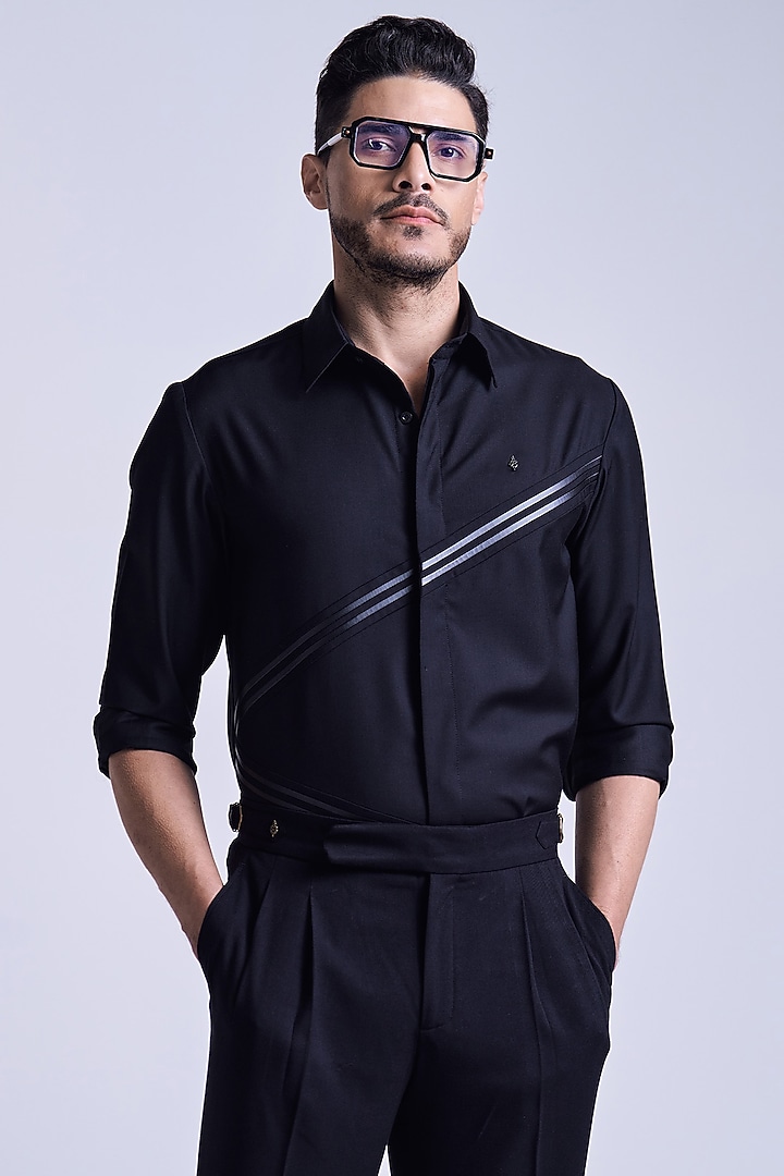 Black Terylene Rayon Blend Asymmetric Printed Wedding Shirt by S&N by Shantnu Nikhil Men at Pernia's Pop Up Shop