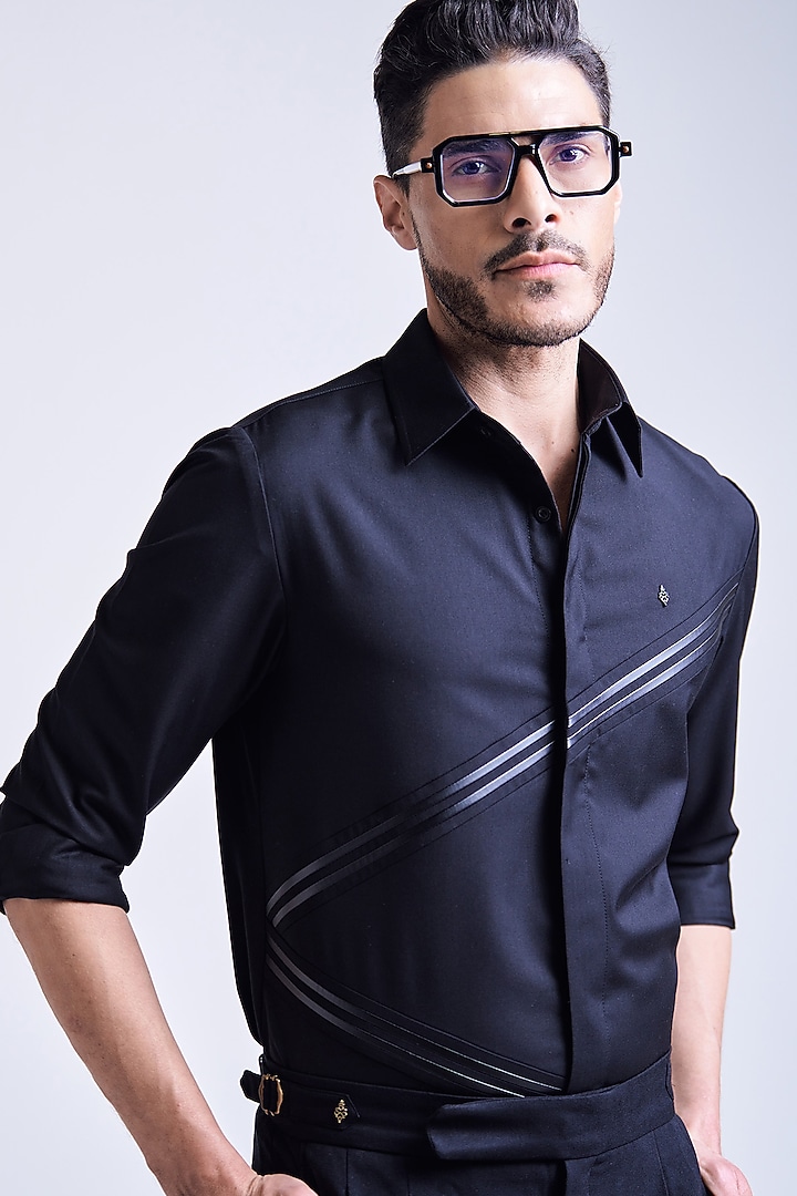 Black Terylene Rayon Blend Asymmetric Printed Wedding Shirt by S&N by Shantnu Nikhil Men at Pernia's Pop Up Shop