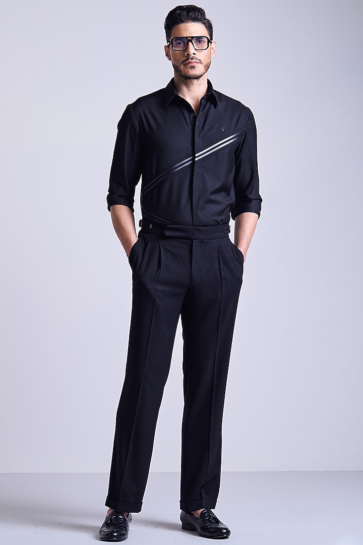 Black Terylene Rayon Blend Asymmetric Printed Wedding Shirt by S&N by Shantnu Nikhil Men at Pernia's Pop Up Shop