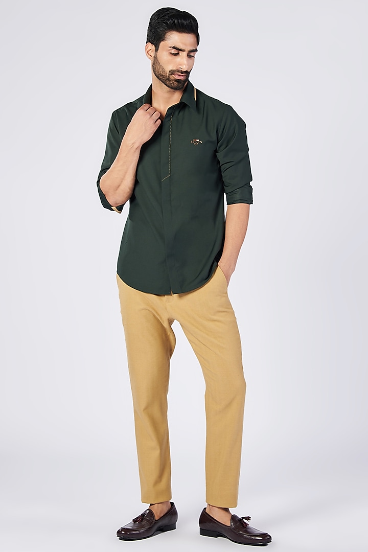 Military Green Poly Blend & Viscose Shirt by S&N by Shantnu Nikhil Men