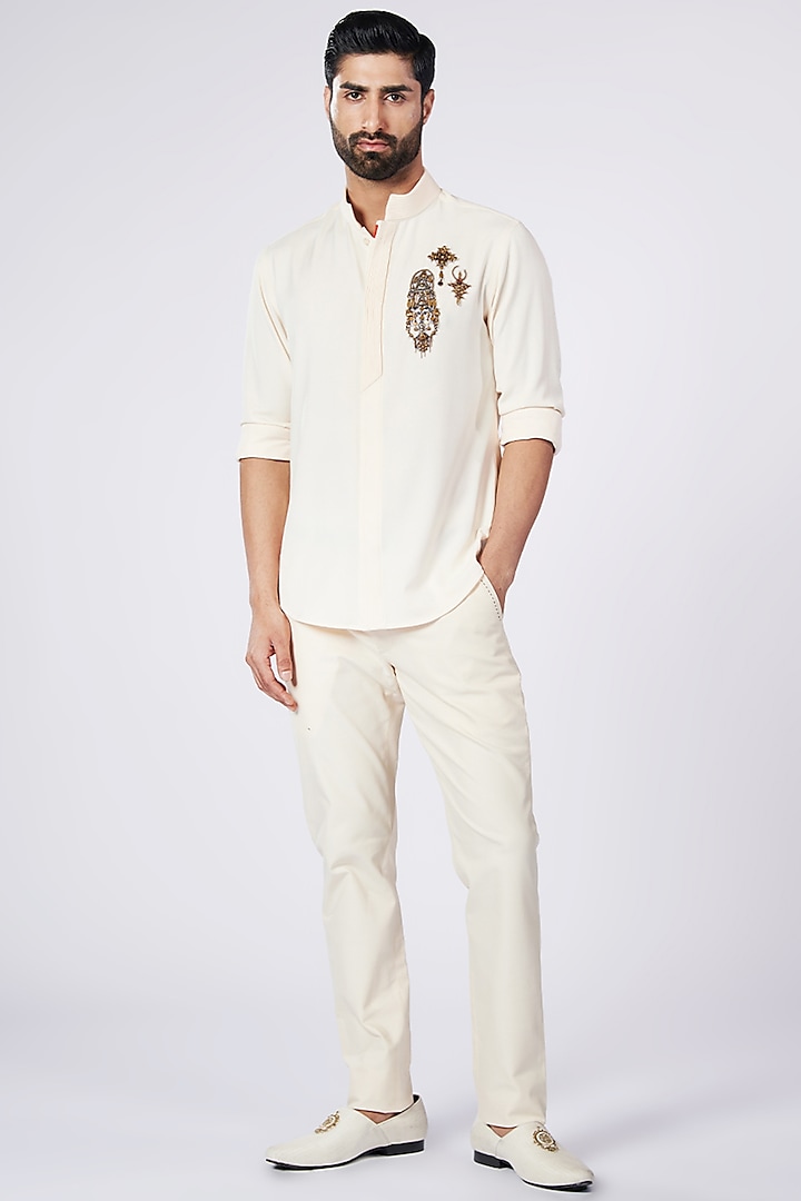 Off-White Terylene & Viscose Embroidered Shirt by S&N by Shantnu Nikhil Men