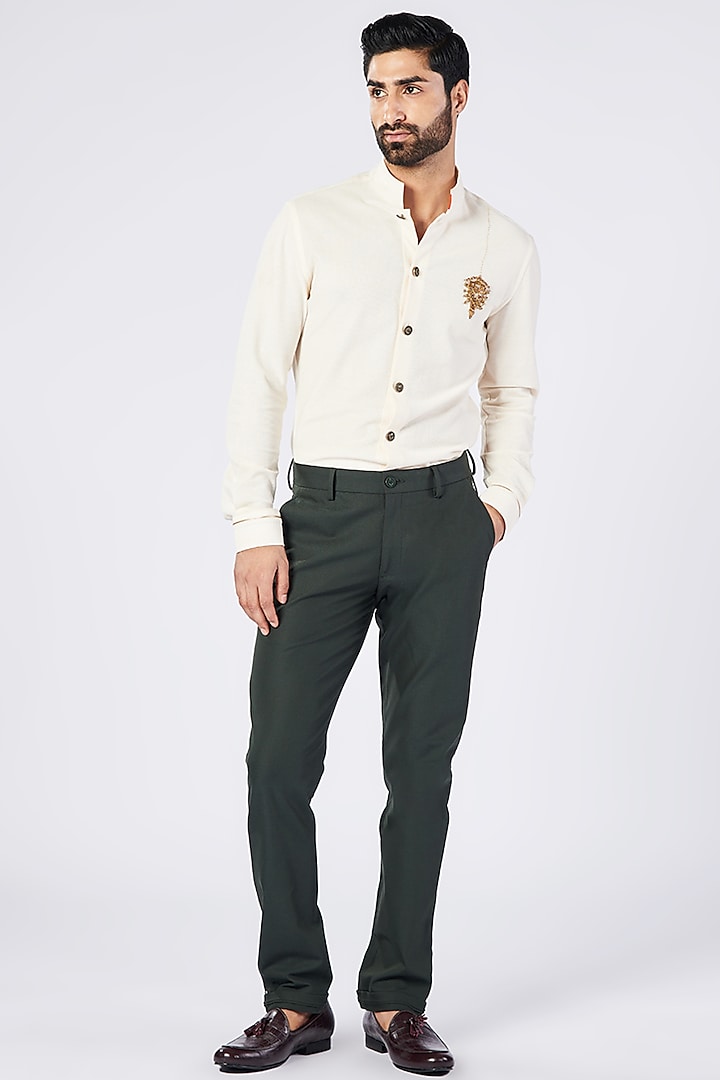 Military Green Cotton & Lycra Slim Fit Trousers by S&N by Shantnu Nikhil Men