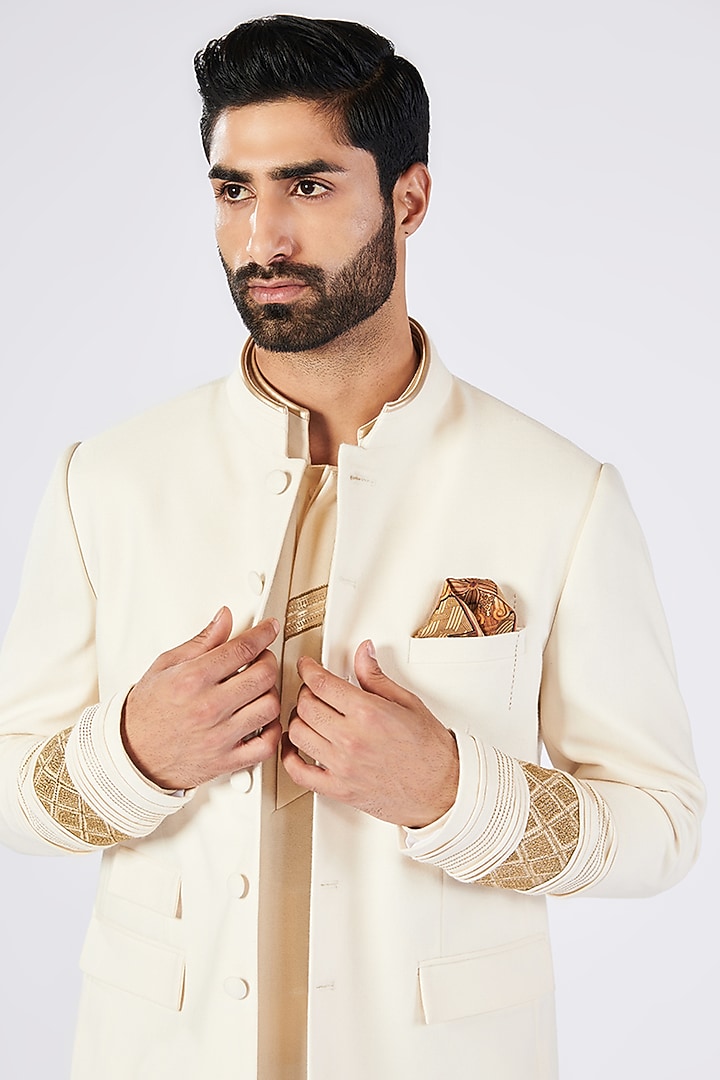 Off-White Poly Blend & Viscose Wedding Bandhgala by S&N by Shantnu Nikhil Men at Pernia's Pop Up Shop