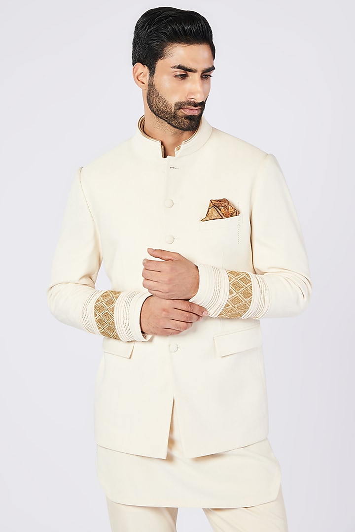Off-White Poly Blend & Viscose Wedding Bandhgala by S&N by Shantnu Nikhil Men at Pernia's Pop Up Shop