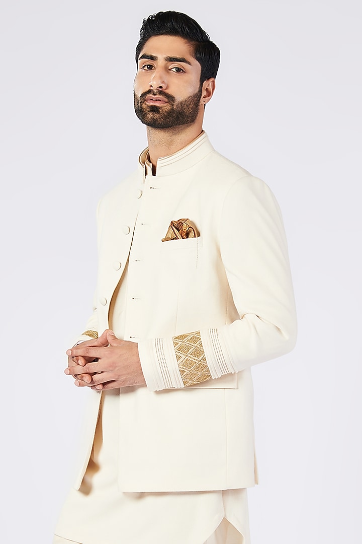 Off-White Poly Blend & Viscose Wedding Bandhgala by S&N by Shantnu Nikhil Men at Pernia's Pop Up Shop