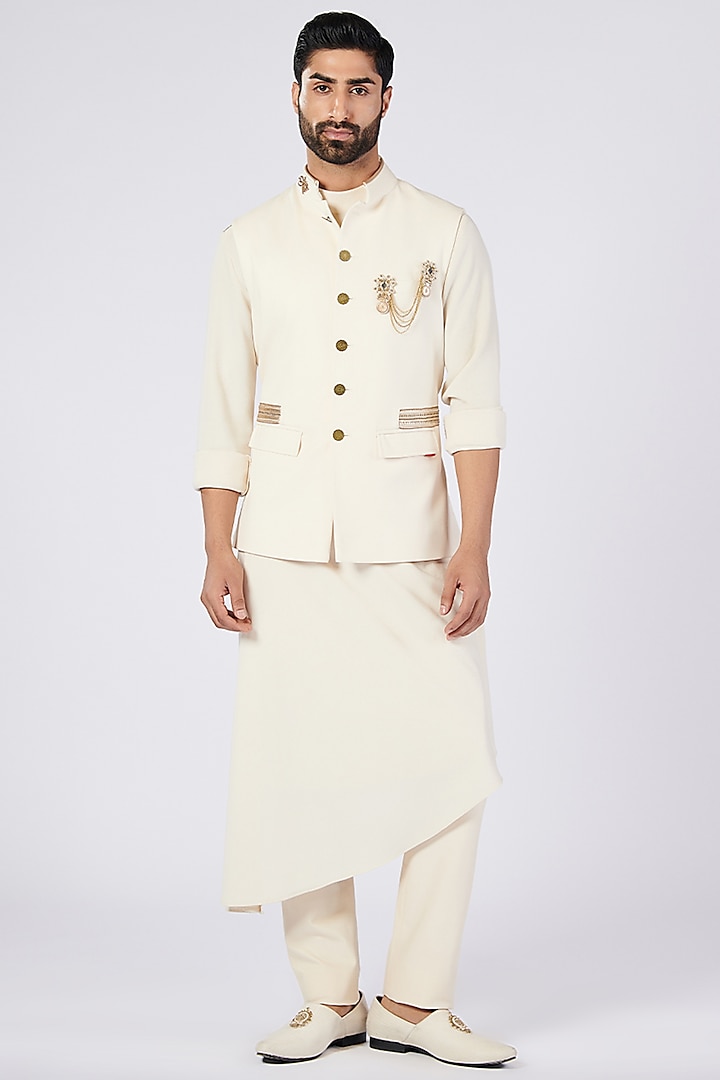 Off-White Cotton Twill Embellished Waistcoat by S&N by Shantnu Nikhil Men