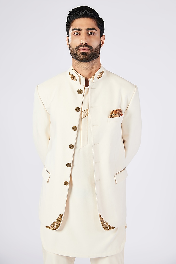 Off-White Poly Blend & Viscose Patchwork Wedding Bandhgala by S&N by Shantnu Nikhil Men at Pernia's Pop Up Shop