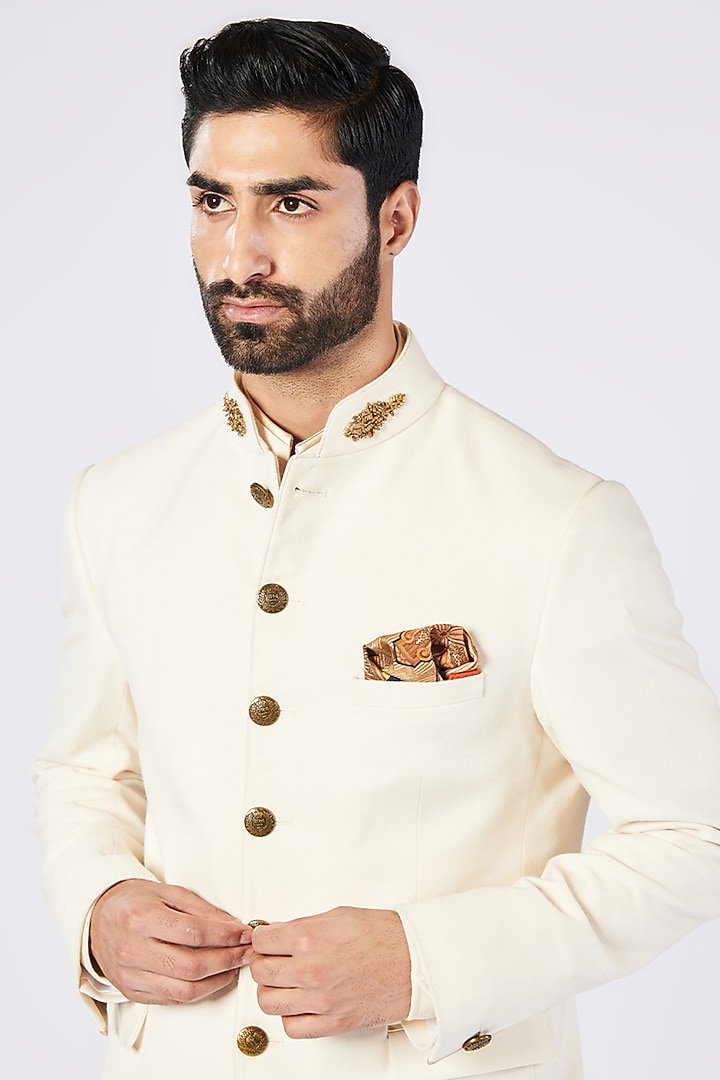 Off-White Poly Blend & Viscose Patchwork Wedding Bandhgala by S&N by Shantnu Nikhil Men at Pernia's Pop Up Shop