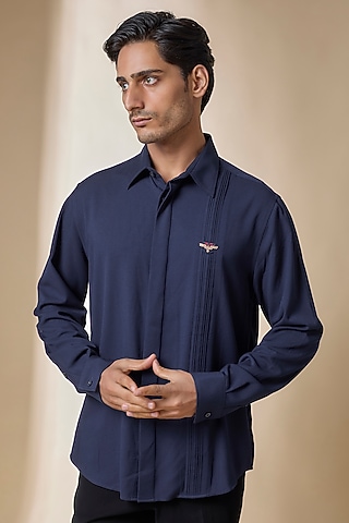 Navy Terylene Viscose Lycra Shirt by S&N by Shantnu Nikhil Men
