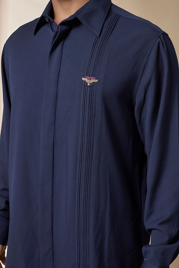 Navy Terylene Viscose Lycra Wedding Shirt by S&N by Shantnu Nikhil Men at Pernia's Pop Up Shop