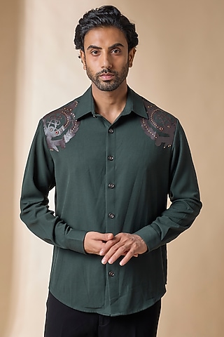 Military Green Terylene Viscose Lycra Shirt by S&N by Shantnu Nikhil Men