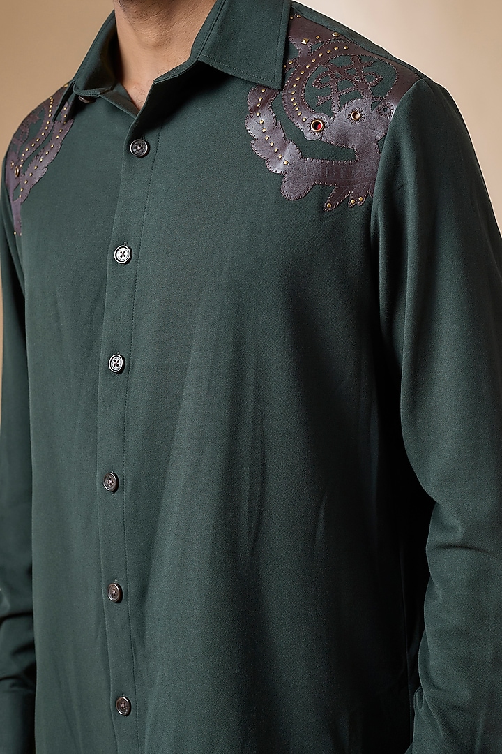 Military Green Terylene Viscose Lycra Wedding Shirt by S&N by Shantnu Nikhil Men at Pernia's Pop Up Shop