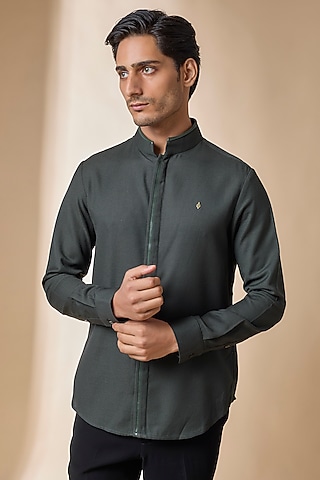 Military Green Terylene Viscose Lycra Shirt by S&N by Shantnu Nikhil Men