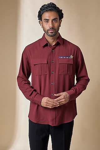 Cherry-Colored Terylene Viscose Lycra Shirt by S&N by Shantnu Nikhil Men