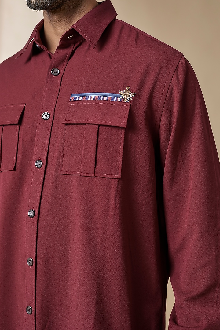 Cherry-Colored Terylene Viscose Lycra Wedding Shirt by S&N by Shantnu Nikhil Men at Pernia's Pop Up Shop
