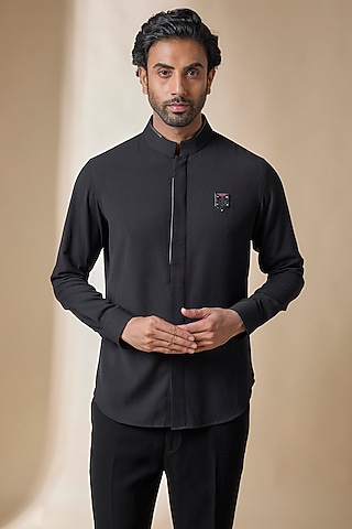 Black Terylene Viscose Lycra Shirt by S&N by Shantnu Nikhil Men