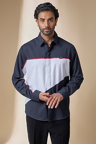 Navy & Off-White Terylene Viscose Lycra Shirt by S&N by Shantnu Nikhil Men