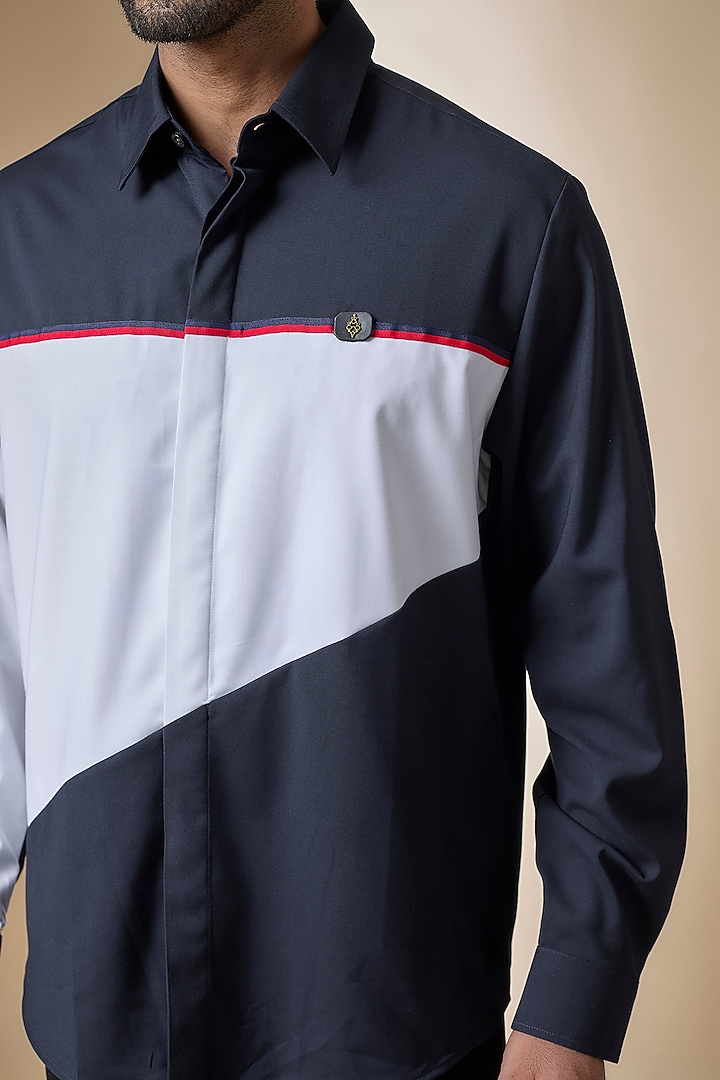 Navy & Off-White Terylene Viscose Lycra Party Wear Shirt by S&N by Shantnu Nikhil Men at Pernia's Pop Up Shop