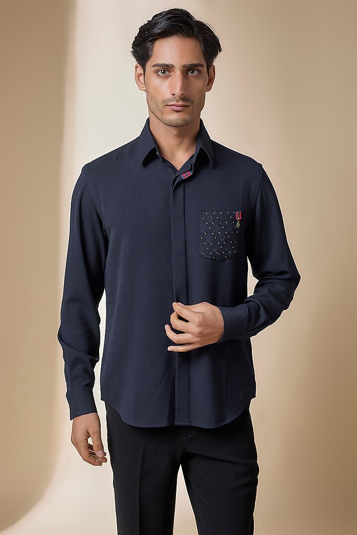 Navy Terylene Viscose Lycra Wedding Shirt by S&N by Shantnu Nikhil Men at Pernia's Pop Up Shop