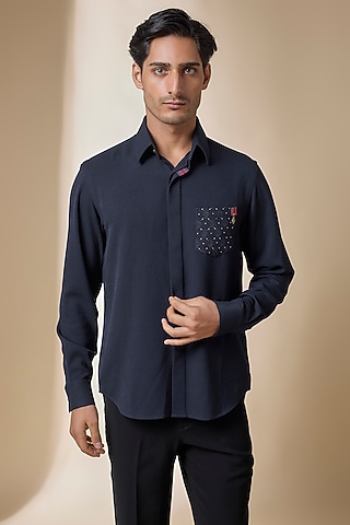 Navy Terylene Viscose Lycra Shirt by S&N by Shantnu Nikhil Men