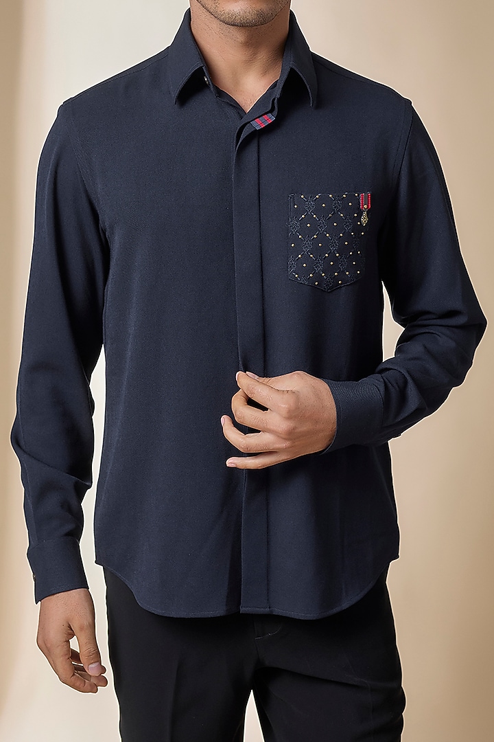 Navy Terylene Viscose Lycra Wedding Shirt by S&N by Shantnu Nikhil Men at Pernia's Pop Up Shop