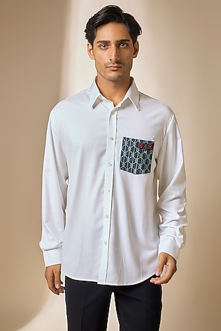 Off-White Terylene Viscose Lycra Shirt by S&N by Shantnu Nikhil Men