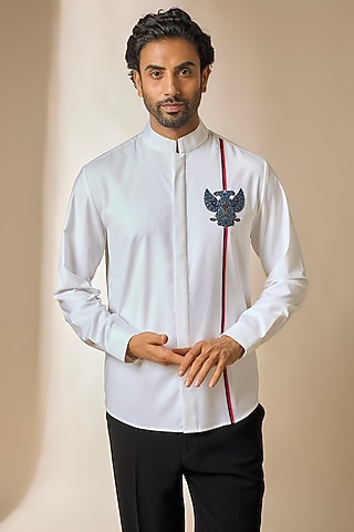 Off-White Terylene Viscose Lycra Shirt by S&N by Shantnu Nikhil Men
