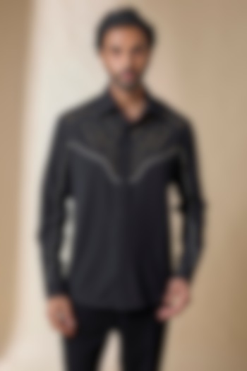 Black Terylene Viscose Lycra Wedding Shirt by S&N by Shantnu Nikhil Men at Pernia's Pop Up Shop