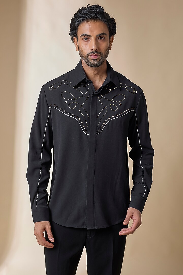 Black Terylene Viscose Lycra Wedding Shirt by S&N by Shantnu Nikhil Men at Pernia's Pop Up Shop