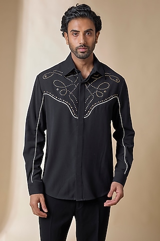 Black Terylene Viscose Lycra Shirt by S&N by Shantnu Nikhil Men