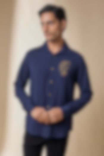 Navy Terylene Viscose Lycra Wedding Shirt by S&N by Shantnu Nikhil Men at Pernia's Pop Up Shop