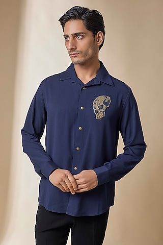 Navy Terylene Viscose Lycra Shirt by S&N by Shantnu Nikhil Men