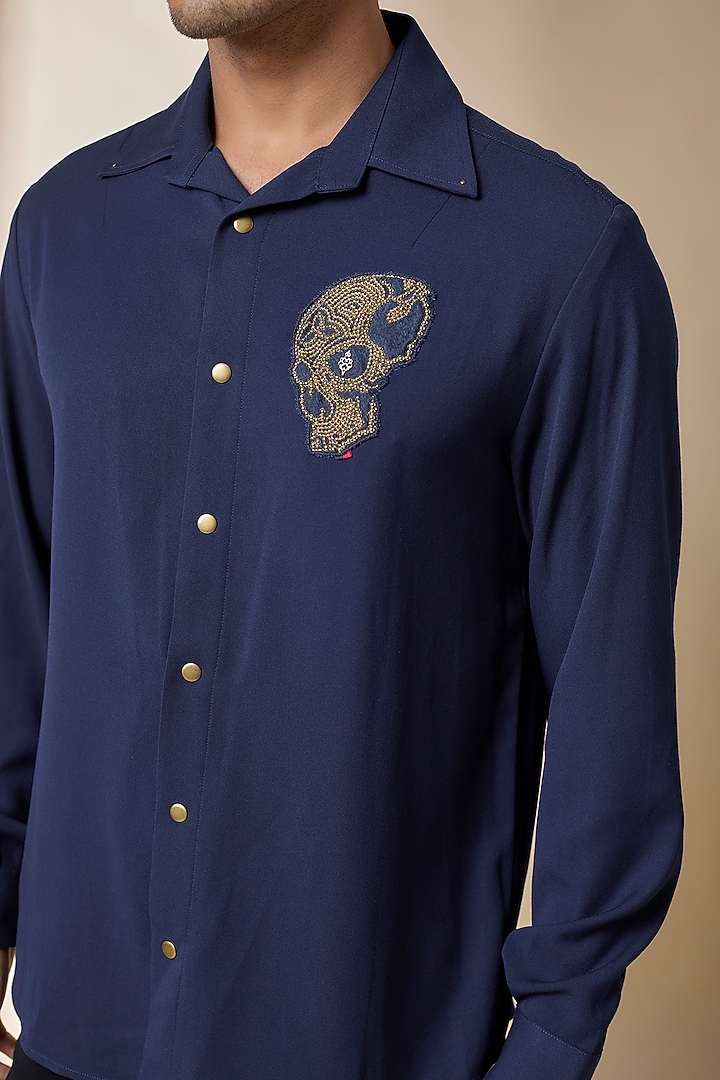 Navy Terylene Viscose Lycra Wedding Shirt by S&N by Shantnu Nikhil Men at Pernia's Pop Up Shop