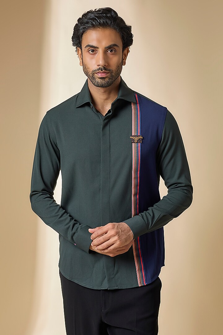 Military Green Terylene Viscose Lycra Wedding Shirt by S&N by Shantnu Nikhil Men at Pernia's Pop Up Shop