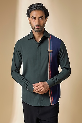 Military Green Terylene Viscose Lycra Shirt by S&N by Shantnu Nikhil Men
