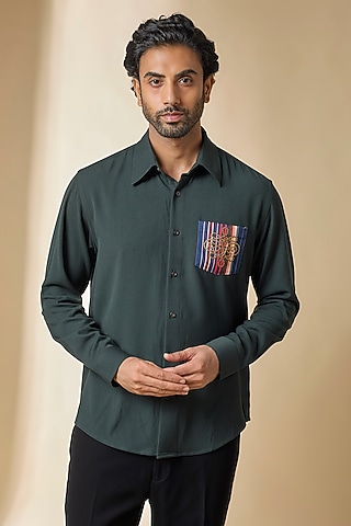 Military Green Terylene Viscose Lycra Shirt by S&N by Shantnu Nikhil Men