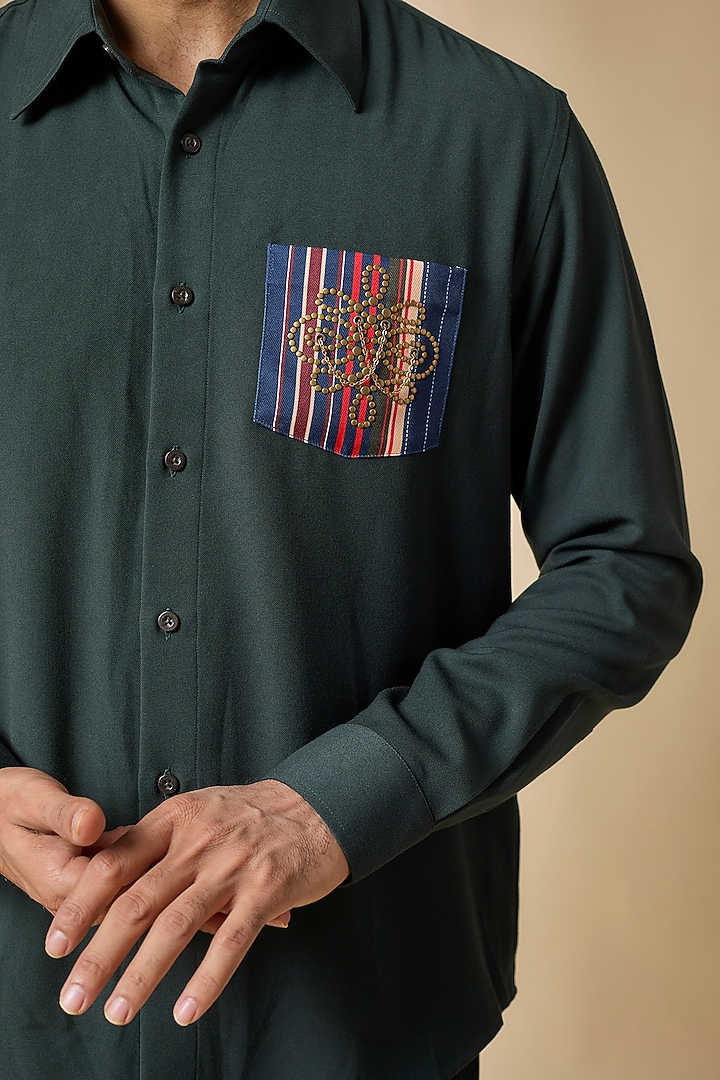 Military Green Terylene Viscose Lycra Wedding Shirt by S&N by Shantnu Nikhil Men at Pernia's Pop Up Shop