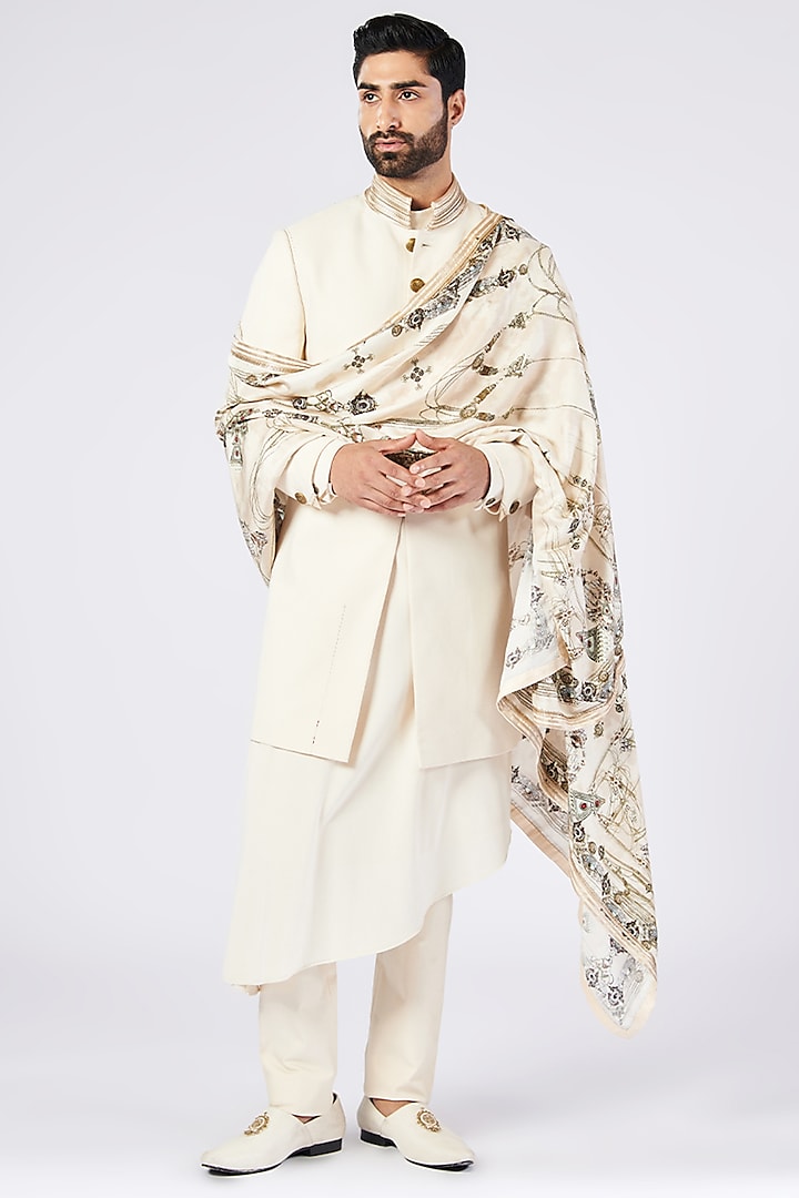 Off-White Twill Silk & Faux Leather Printed Stole by S&N by Shantnu Nikhil Men