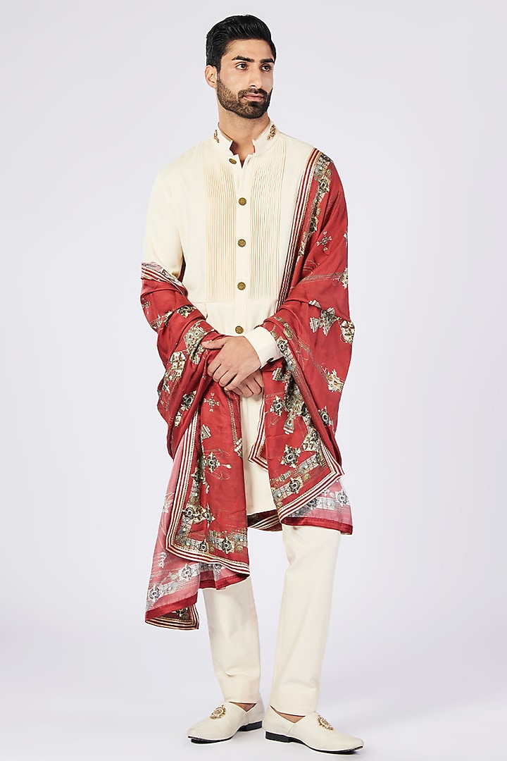 Cherry Twill Silk & Faux Leather Printed Stole by S&N by Shantnu Nikhil Men